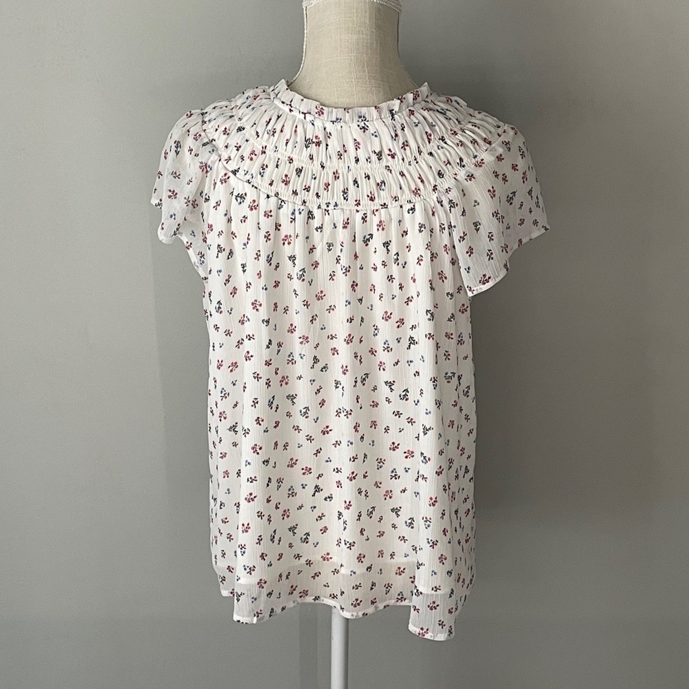Loft High Neck Smocked Floral Blouse